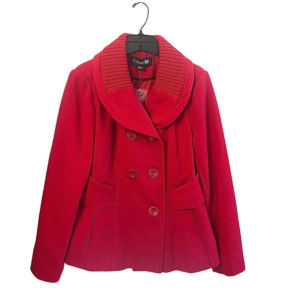 NWOT Forever 21 Stylish Red Fully Lined Peacoat, Size Large - Picture 1 of 13